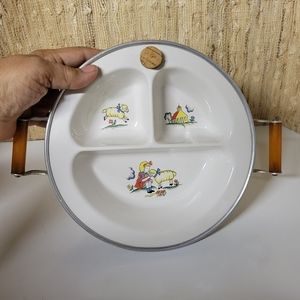 Vtg Metal and Pottery 30s Child's Warmer Sectioned Dish Mary had a Little Lamb